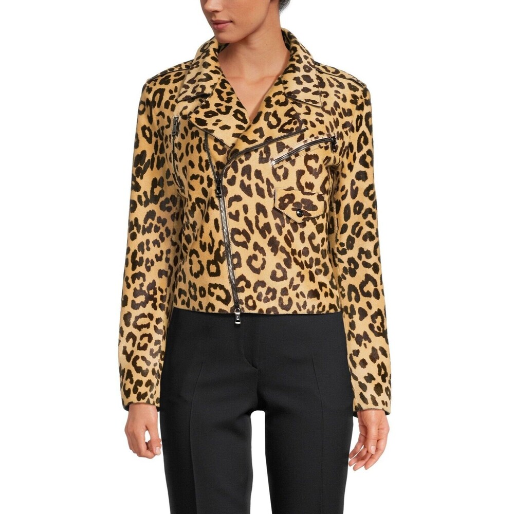 $6790 Ralph Lauren Women's Leopard Print Calf Hair & Leather Biker Jacket Size 2